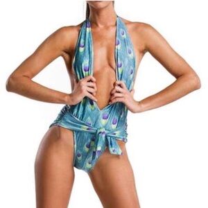 •DANIELA CORTE• Plunging V-Neck One Piece‎ Halter Swimsuit Size XS Peacock Print